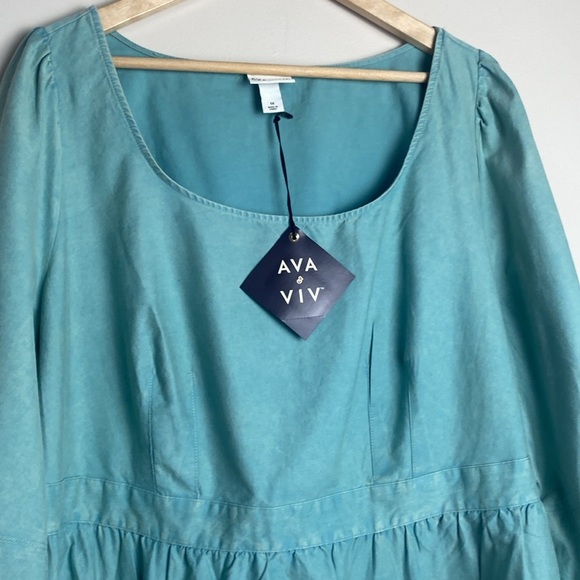 Ava & Viv Tiered Dress Tie Back Balloon Sleeve A Line Acid Wash Green Size 1X - Picture 8 of 14